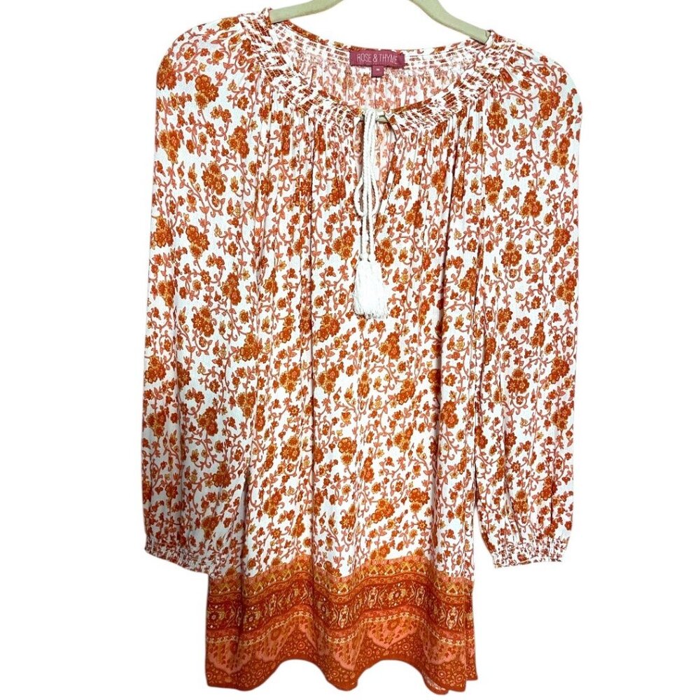 Rose & Thyme Bohemian Floral Blouse White Orange Tassel Tie Neck Long Sleeve M